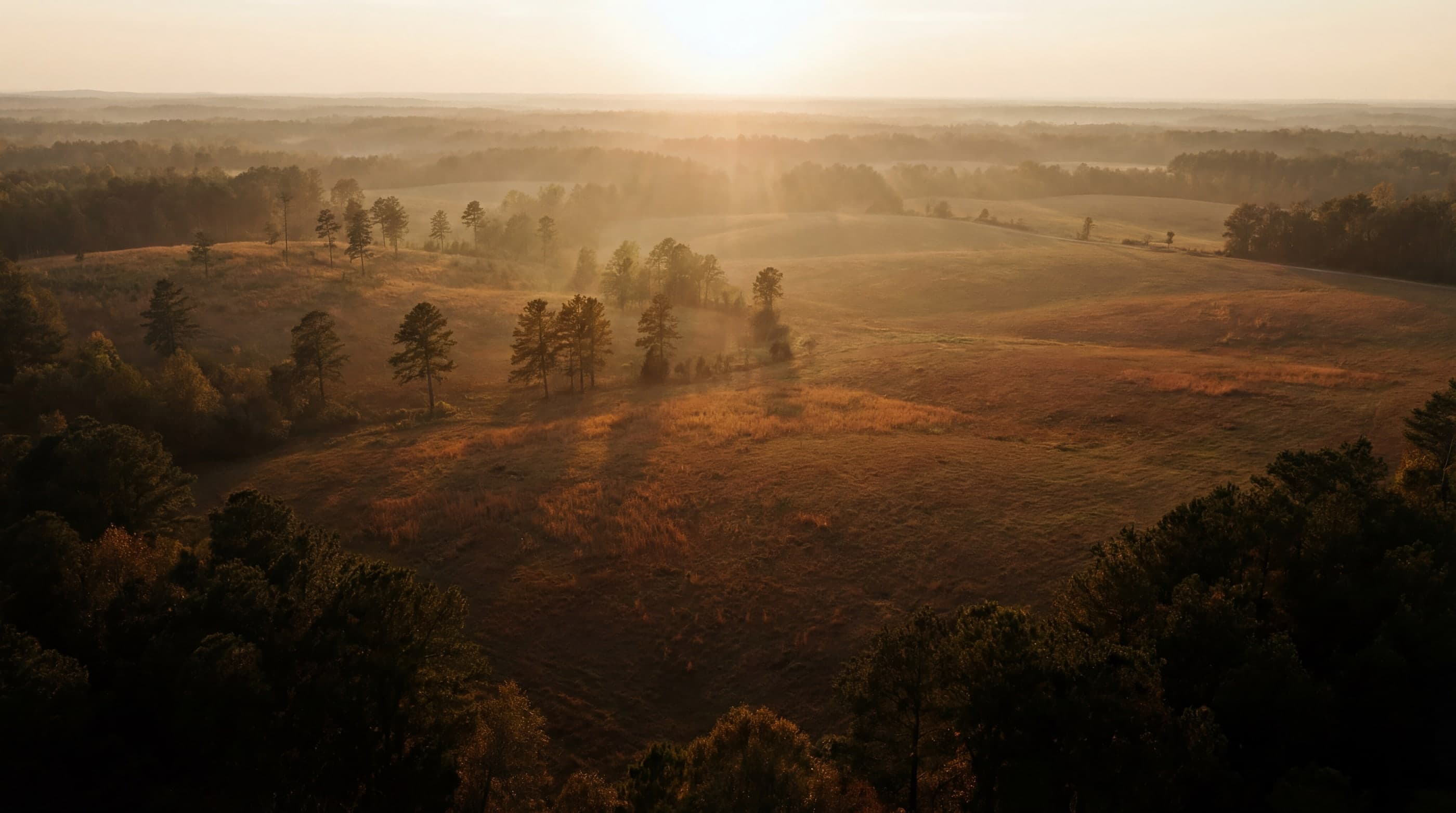 Aerial view of undeveloped land at sunset
